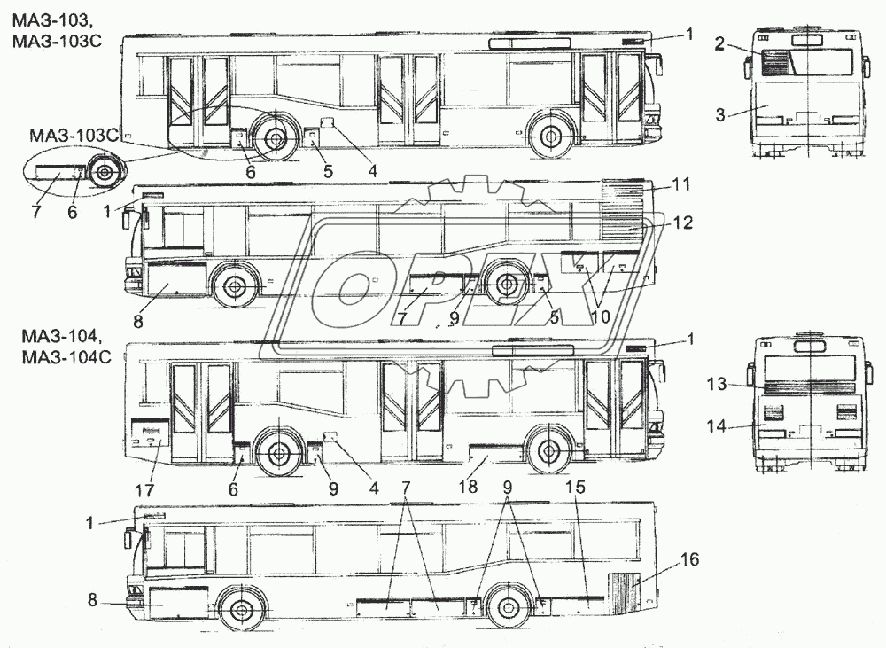 Расположение крышек и решеток на кузове автобусов МАЗ-103, МАЗ-104